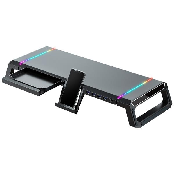 iCAN Monitor Stand Riser with 4 USB 3.0 Hub, with Phone Holder and Storage Drawer,RGB Lights Monitor Riser, Desk Organizer Monitor Shelf for PC,Laptop