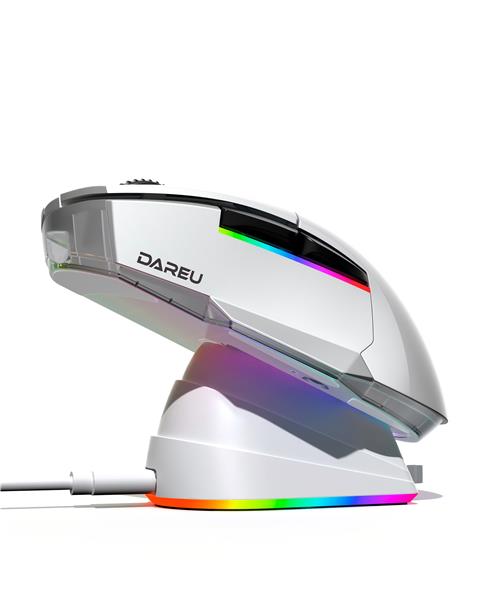 Dareu A955 Gaming Mouse with Charging Dock and RGB Lighting,Transparent Bottom,White