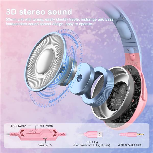 ONIKUMA K9-Pink Blue Elite Stereo Gaming Headset with Cat Ears