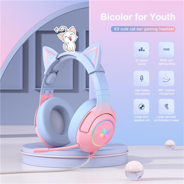 ONIKUMA K9-Pink Blue Elite Casque de jeu stéréo avec oreilles de chat