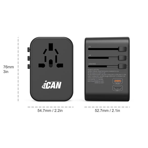 iCAN Universal Travel Adapter 35.5W, 1xType C + 3xUSB A