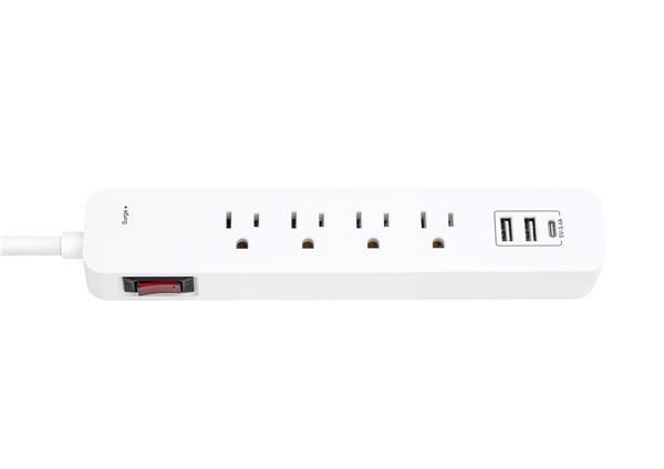 iCAN 4 Outlet Power Strip, 3ft Cord, 2USB-A, 1USB-C, LED Light, White