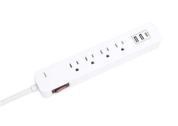 iCAN 4 Outlet Power Strip, 3ft Cord, 2USB-A, 1USB-C, LED Light, White