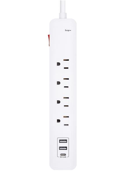 iCAN 4 Outlet Power Strip, 3ft Cord, 2USB-A, 1USB-C, LED Light, White