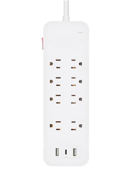 iCAN 8 Outlets Surge Protector, 3ft Cord, 2USB-A, 1USB-C, 2450J, White
