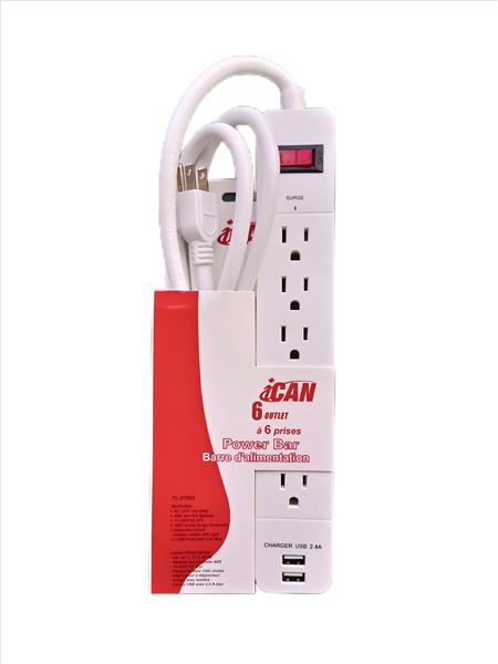 iCAN 6 Outlets 2 USB-A Surge Protector with 6ft Cord