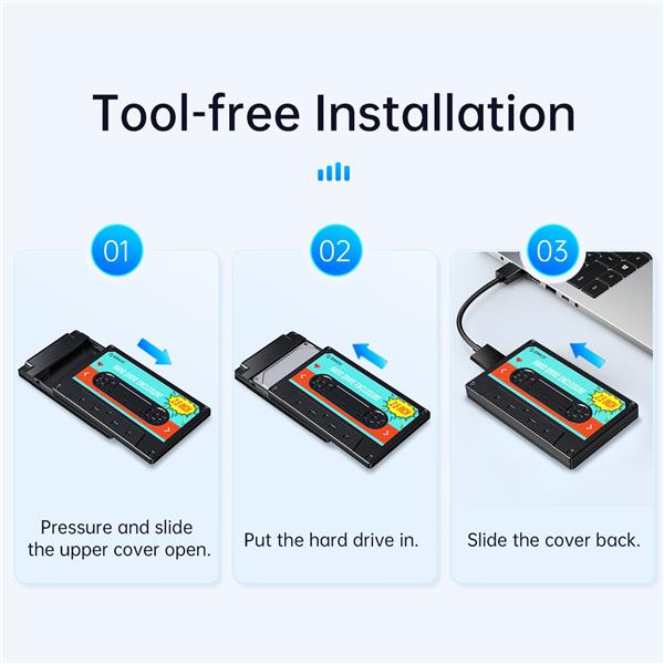 Orico 2580U3 Tool Free USB 3.0 to SATA External 2.5'' Tape Style Hard Drive Enclosure Case with Micro-B to USB-A Cable and 5Gbps Speed