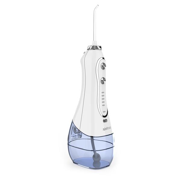 H2ofloss Oral Irrigator Set with 1* Water Flosser + 1* Travel Bag + 5* Nozzle Tips + 1* brush head + 1* transparent box, 300ml Tank, 5 work Modes, LED Indicator Color, Package Including 1 USB Cable + 1 User Manual, White.