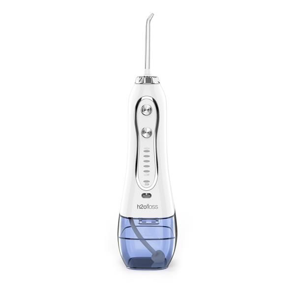 H2ofloss Oral Irrigator Set with 1*Water Flosser + 1*Travel Bag + 5*Nozzle Tips + 1*brush head + 1*transparent box, 300ml Tank, 5 work Modes, LED Indicator Color, Package Including 1 USB Cable + 1 User Manual, White.