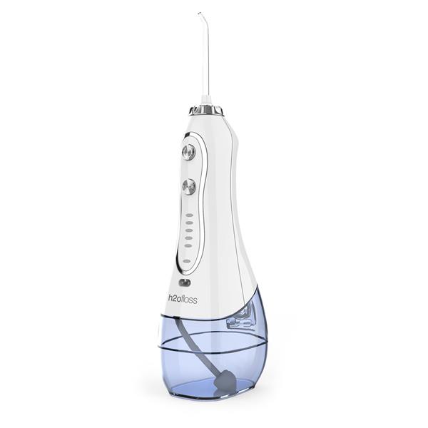 H2ofloss Oral Irrigator Set with 1* Water Flosser + 1* Travel Bag + 5* Nozzle Tips + 1* brush head + 1* transparent box, 300ml Tank, 5 work Modes, LED Indicator Color, Package Including 1 USB Cable + 1 User Manual, White.