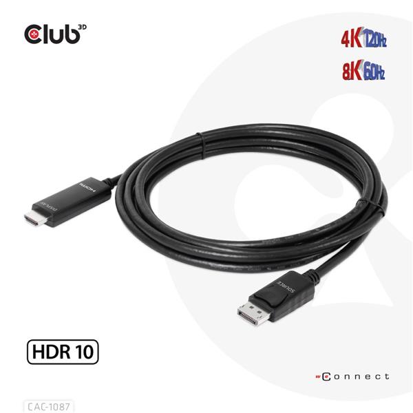 Club 3D DisplayPort 1.4 to HDMI 4K120Hz or 8K60Hz HDR10 Cable M/M 3m/9.84ft(Open Box)