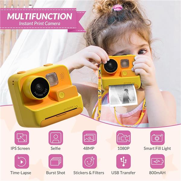 Mafiti Kids Camera Instant Print, K27 48MP Digital Camera with Zero Ink, Selfie 1080P Video Camera with 32G TF Card, Toys Gifts for Girls Boys Aged 3-12 for Christmas/Birthday/Holiday (Orange)(Open Box)