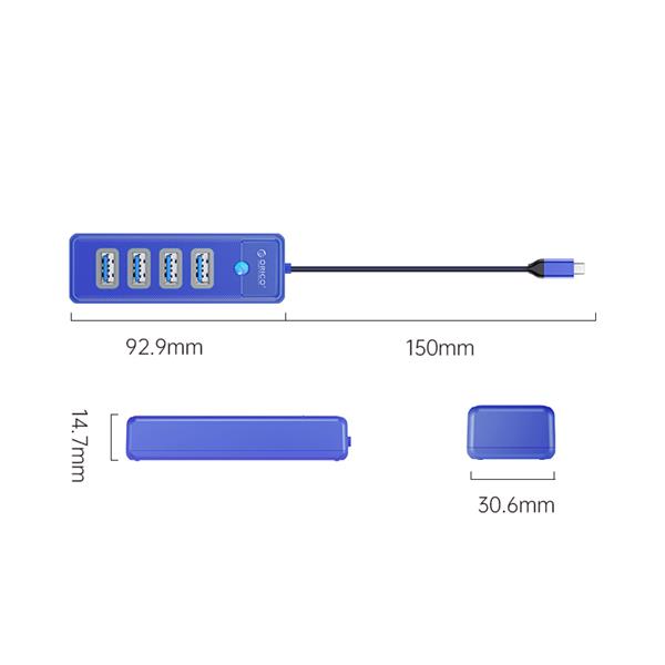 ORICO 4-Port Type-C to USB 3.0 Hub Adapter with 15cm Cable, Blue