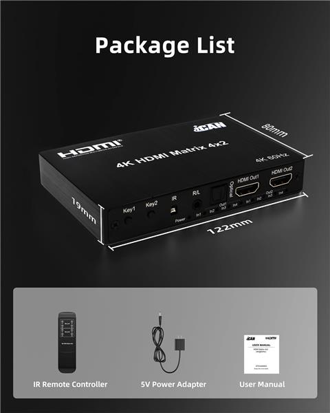 iCAN HDMI Matrix 4X2 4K@60Hz with Audio Output (3.5mm Stereo/Toslink)