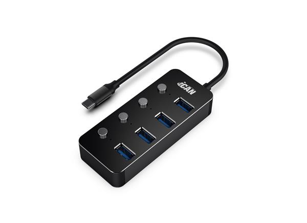 iCAN 4-Port USB 3.0 Hub, Individual On/Off Power Switches, USB-C Input