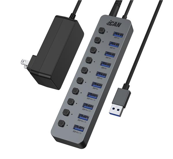 iCAN 10-Port USB 3.0 Hub with 48W Power Adapter, Individual LED ON/OFF