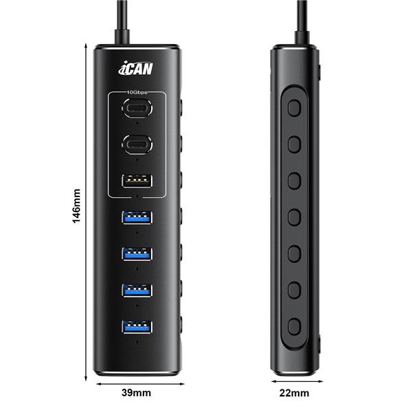 iCAN 7-Port USB 3.2 10Gbps Powered Hub with Individual On/Off Switch