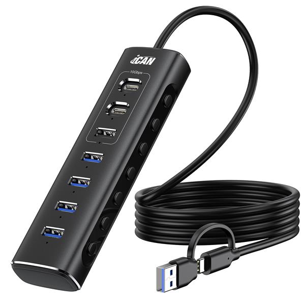 iCAN 7-Port USB 3.2 10Gbps Powered Hub with Individual On/Off Switch