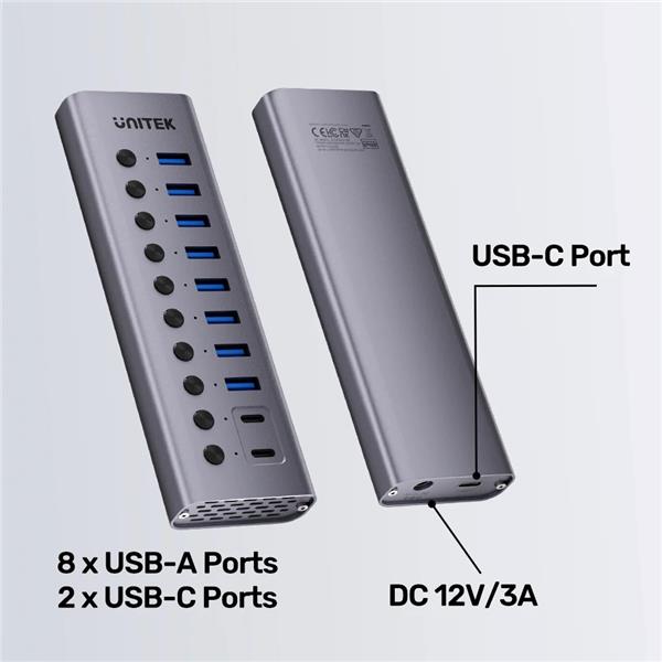 UNITEK 10-Port USB Hub with 36W Power Adapter and USB-A/C Connectors