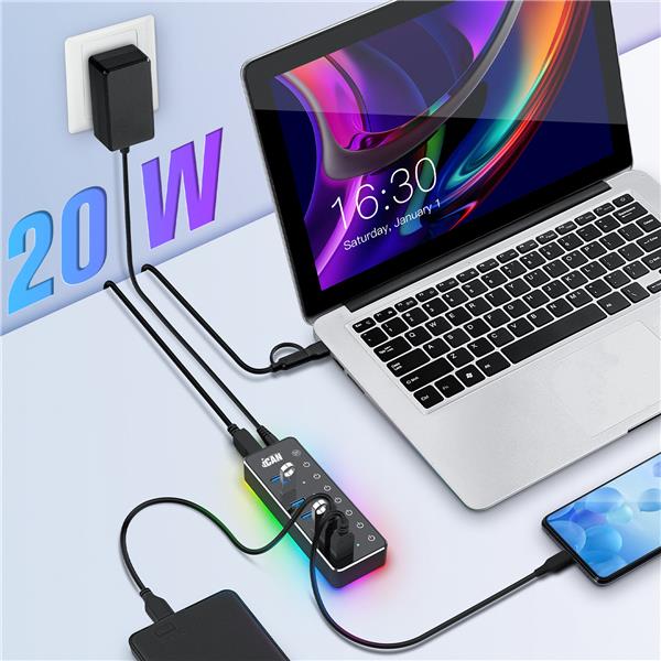 iCAN 7-Port Powered USB 3.0 Hub, Individual Switch, 14 RGB Light Mode