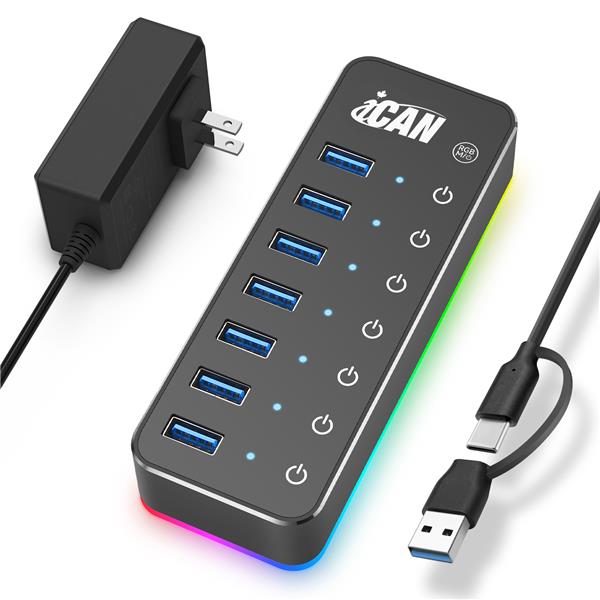 iCAN 7-Port Powered USB 3.0 Hub, Individual Switch, 14 RGB Light Mode