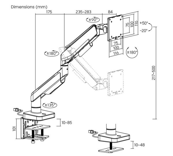 Brateck Heavy-Duty RGB Gas Spring Single Monitor Arm, fit 17"-49", Weight up to 20kg(Open Box)