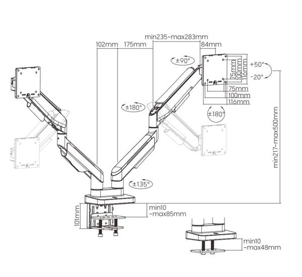 Brateck Heavy-Duty RGB Gas Spring Dual Monitor Arm, fit 17"-35", each weight up to 20kg(Open Box)