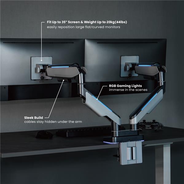 Brateck Heavy-Duty RGB Gas Spring Dual Monitor Arm, fit 17"-35", each weight up to 20kg(Open Box)