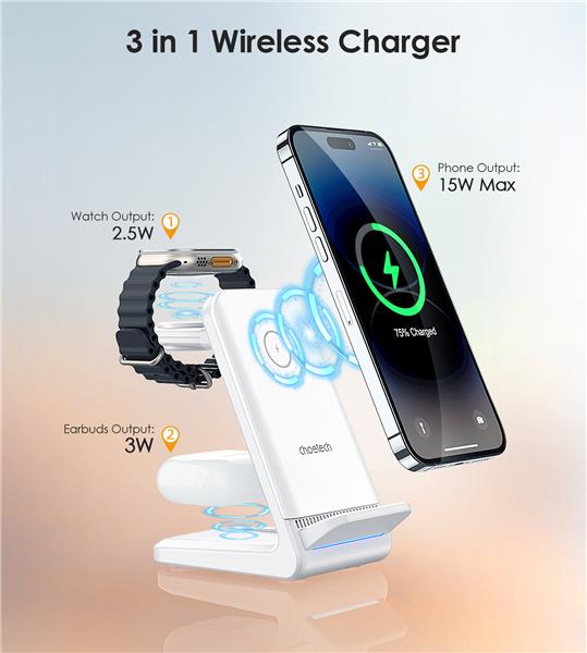 Choetech 3-in-1 15W Wireless Charger Stand, Detachable Watch Charger(Open Box)