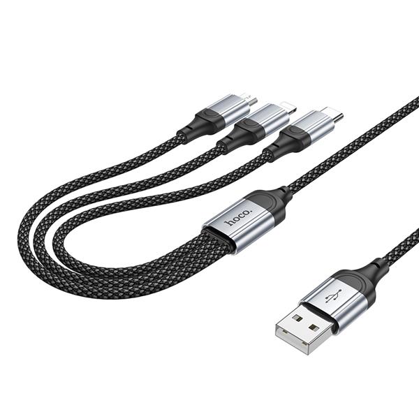 HOCO "X102 Fresh" 3-in-1 charging data cable (iP+Micro+Type-C), 1m (3.3ft), Black(Open Box)