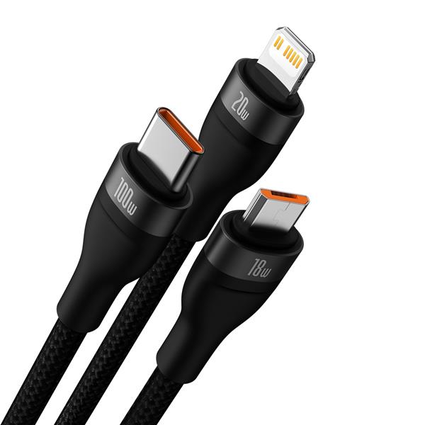 Baseus “Flash Series ?” Two-for-three Charging Cable U+C to M+L+C 100W, 1.2m (4ft), Black(Open Box)