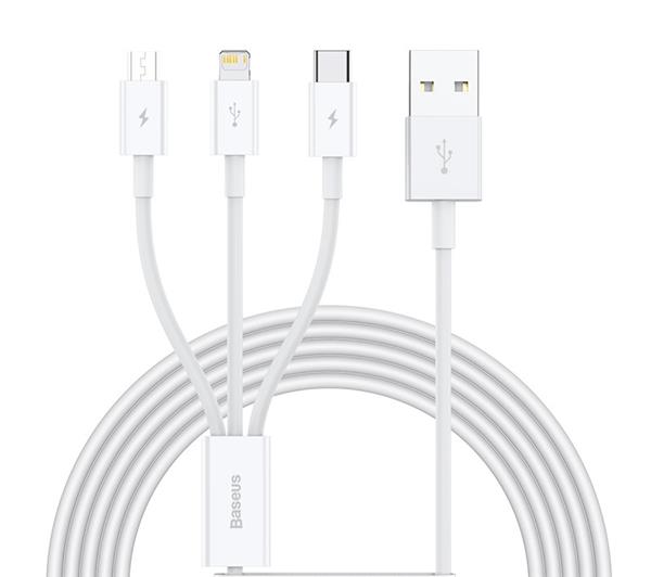 Baseus "Superior Series" Fast Charging Data Cable USB to M+L+C 3.5A ,1.5m (5ft), White