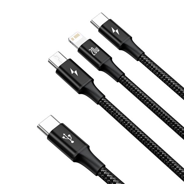 Baseus "Rapid Series" 3-in-1 Fast Charging Data Cable Type-C to M+L+C PD 20W, 1.5m (5ft), Black