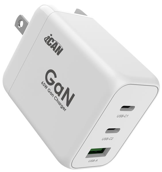 iCAN 65W 3-Port GAN PD Charger, 2 x USB-C & 1 x USB-A Port
