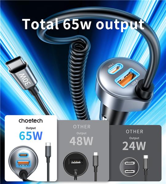 Choetech 65W 3-Port Fast Car Charger with 3.3ft Type-C Cable(Open Box)