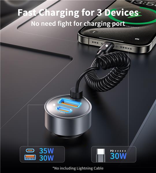 Choetech 65W 3-Port Fast Car Charger with 3.3ft Type-C Cable(Open Box)