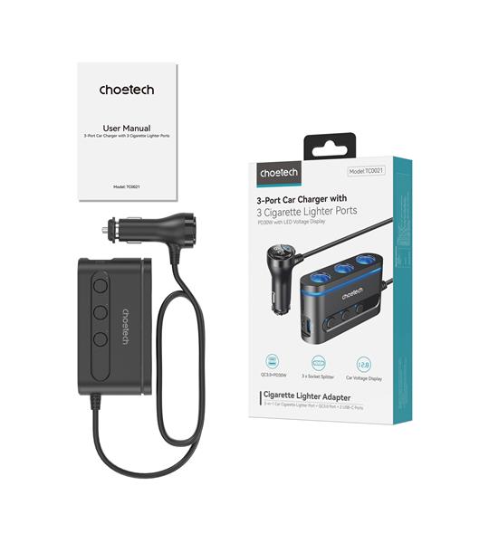 Choetech 78W 3-Port Car Charger with 3 Cigarette Lighter Ports