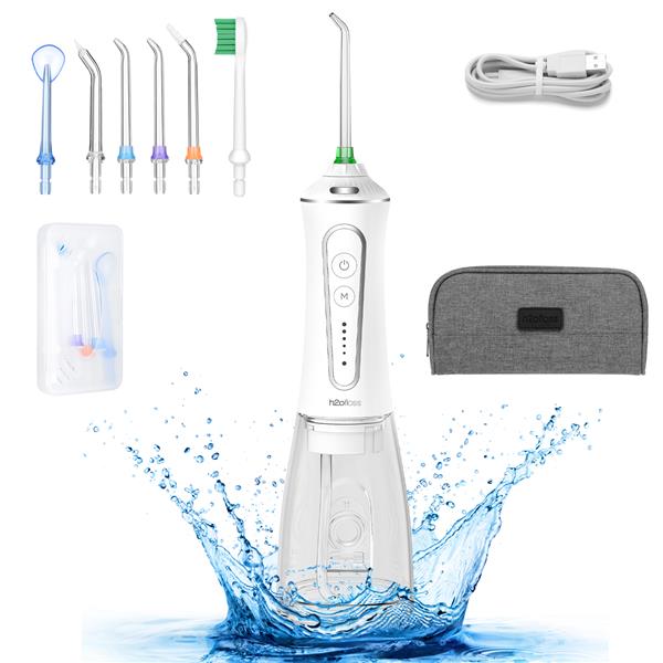 H2ofloss Oral Irrigator Set with 1*Water Flosser + 1*Travel Bag + 5*Nozzle Tips + 1*brush head + 1*transparent box, 300ml Tank, 40-110 PSI Water Pressure, IPX7 Waterproof, 5 Work Modes, LED Indicator Color, Package Including 1 USB Cable + 1 User Manual, White.