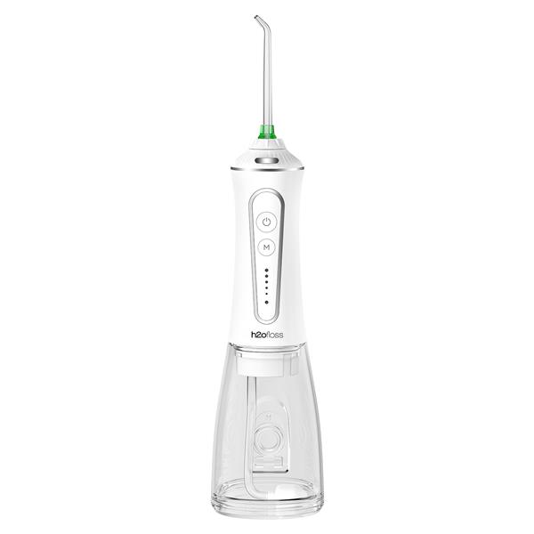 H2ofloss Oral Irrigator Set with 1*Water Flosser + 1*Travel Bag + 5*Nozzle Tips + 1*brush head + 1*transparent box, 300ml Tank, 40-110 PSI Water Pressure, IPX7 Waterproof, 5 Work Modes, LED Indicator Color, Package Including 1 USB Cable + 1 User Manual, White.