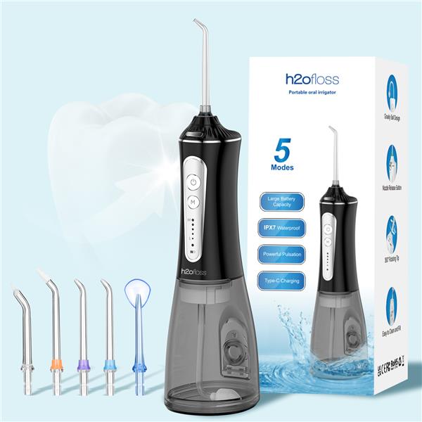 H2ofloss Oral Irrigator Set with 1*Water Flosser + 1*Travel Bag + 5*Nozzle Tips + 1*brush head + 1*transparent box, 300ml Tank, 40-110 PSI Water Pressure, IPX7 Waterproof, 5 Work Modes, LED Indicator Color, Package Including 1 USB Cable + 1 User Manual, Black.