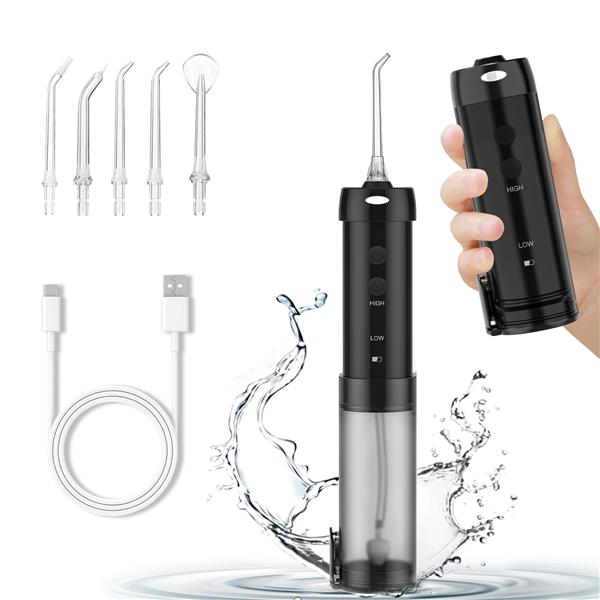 H2ofloss Mini Portable Oral Irrigator Set with 1*Water Flosser + 1*Waterproof Bag + 5*Nozzle Tips, 200ml Tank, 40-110 PSI Water Pressure, IPX7 Waterproof, 5 Work Modes, LED Indicator Color, Package Including 1 USB Cable + 1 User Manual, Black.