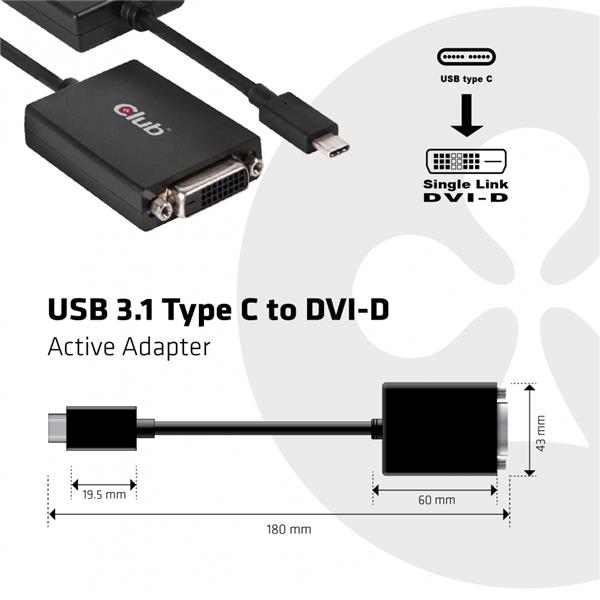 CLUB 3D USB 3.1 Type-C Male  to DVI-D Female Active Adapter (CAC-1508)