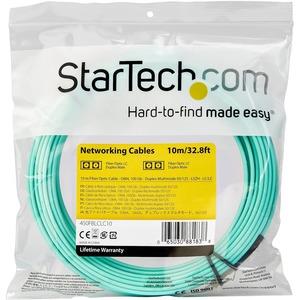 StarTech 10m OM4 LC to LC Multimode Duplex Fiber Optic Patch Cable- Aqua - 50/125 - Fiber Optic Cable - 40/100Gb - LSZH (450FBLCLC10) - LC to LC Multimode Duplex Fiber Optic Patch cable connects with SFP+ and QSFP+ transceivers in 40/100 Gigabit networks - LOMMF is ideal for 850nm/1350nm VCSEL & LED sources - Backwards compatible with 50/125 equipment - LSZH flame retardant jacket