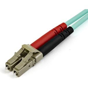 StarTech 10m OM4 LC to LC Multimode Duplex Fiber Optic Patch Cable- Aqua - 50/125 - Fiber Optic Cable - 40/100Gb - LSZH (450FBLCLC10) - LC to LC Multimode Duplex Fiber Optic Patch cable connects with SFP+ and QSFP+ transceivers in 40/100 Gigabit networks - LOMMF is ideal for 850nm/1350nm VCSEL & LED sources - Backwards compatible with 50/125 equipment - LSZH flame retardant jacket