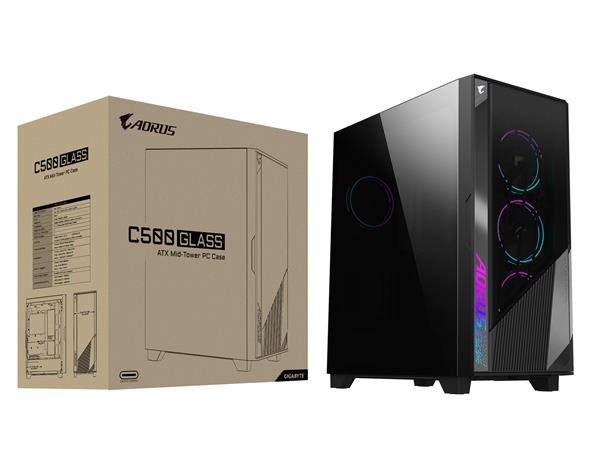 Gigabyte AORUS C500 GLASS - Black Mid Tower PC Gaming Case, Tempered Glass, USB Type-C, 4x ARBG Fans Included (GB-AC500G ST)(Open Box)