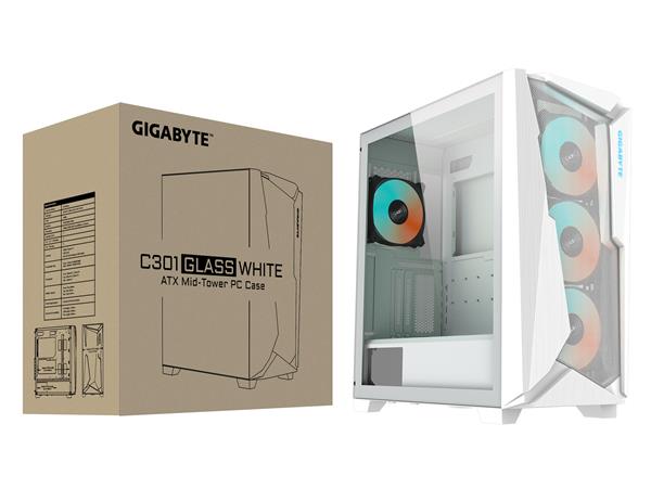 Gigabyte C301 GLASS WHITE - White Mid Tower PC Gaming Case, Tempered Glass, USB Type-C, 4x ARBG Fans Included (GB-C301GW)(Open Box)