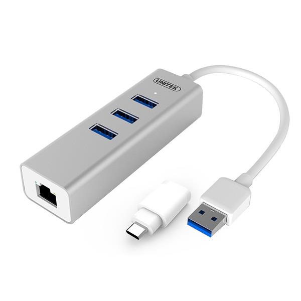 UNITEK 3-Port USB 3.0+Gigabit Ethernet Hub, USB-C Adaptor, 30cm Cable