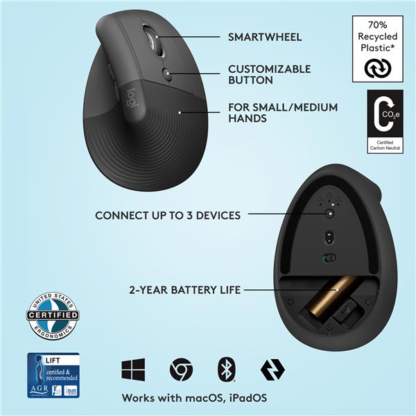 LOGITECH  Lift Vertical Ergonomic Wireless Mouse (Graphite)