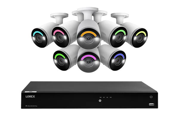 Lorex Fusion 4K (16 Camera Capable) 4TB Wired NVR System with Eight Bullet Camera Featuring Smart Security Lighting and 2-Way Audio