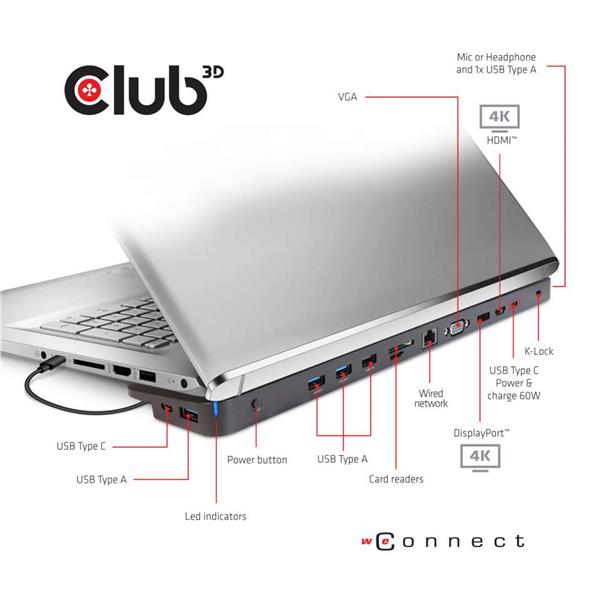 CLUB 3D USB Type C 3.2 Gen1 Triple Display Dynamic PD Charging Dock